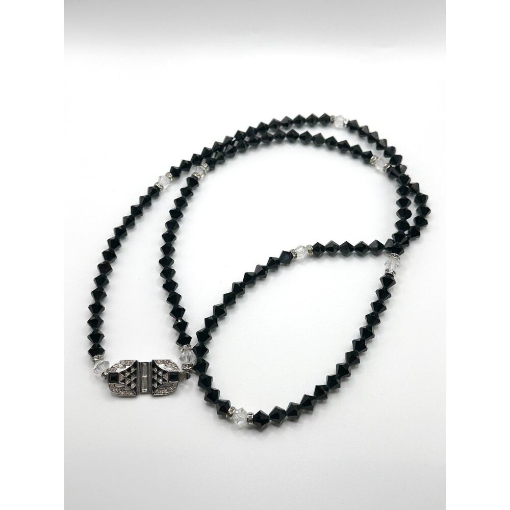 Vintage Givenchy 38” Black Glass Bead Necklace W/ Rhinestone Clasp